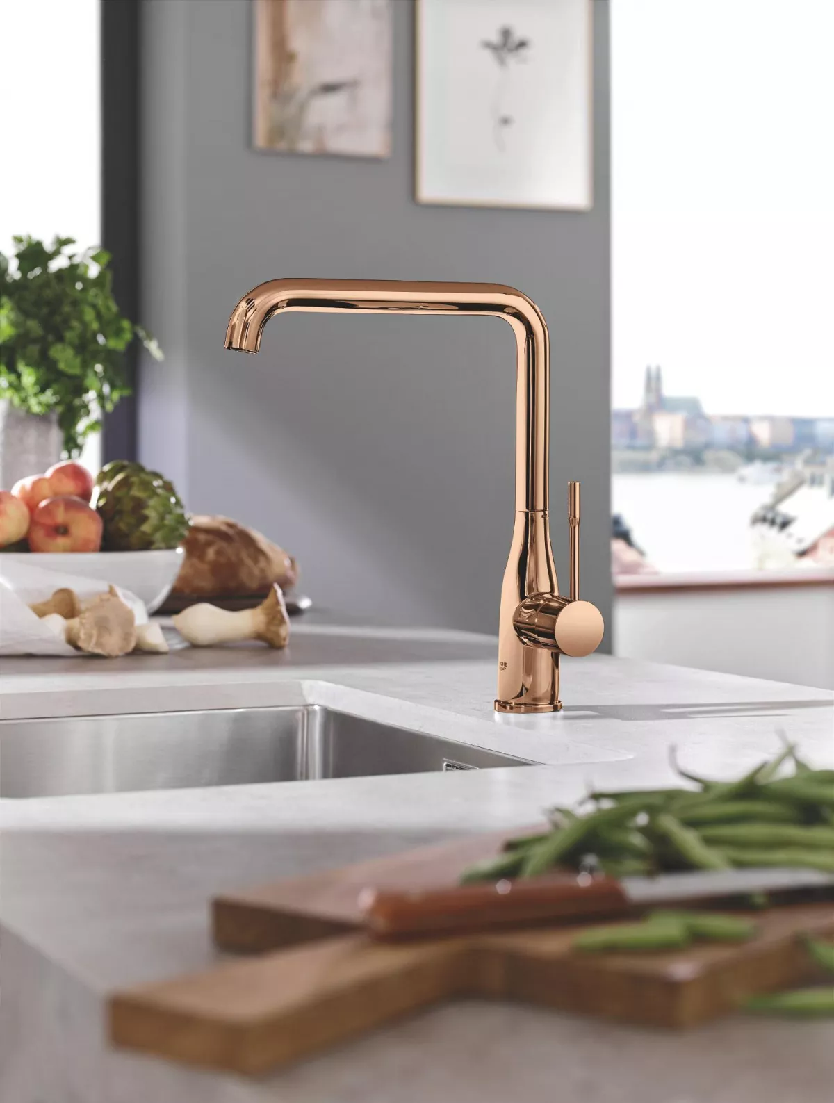 Baterie bucatarie Grohe 30505DA0, Essence, 3/8'', inalta, tip L, lucios, cupru