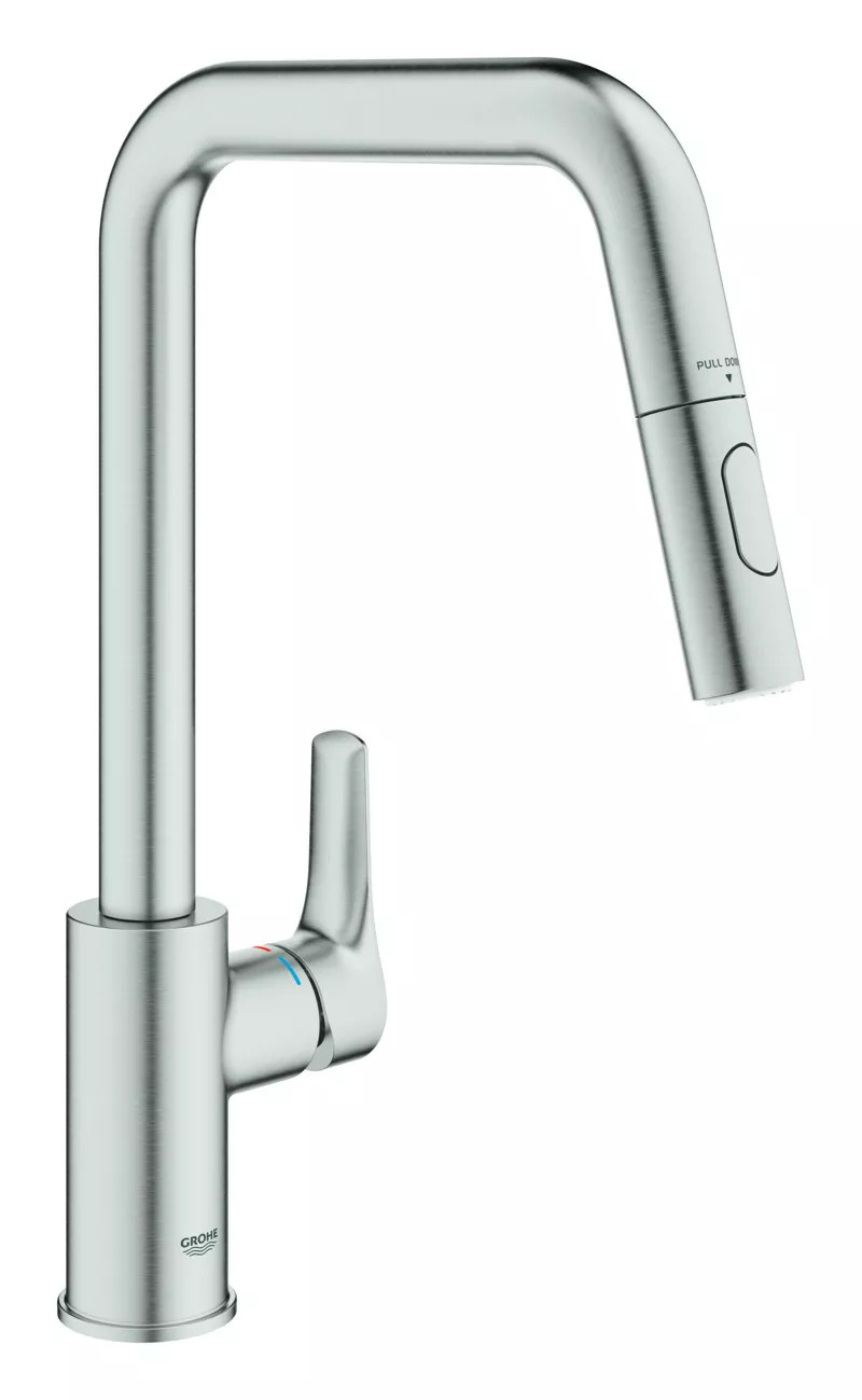 Baterie bucatarie Grohe 30619DC0, Eurosmart, inalta, tip U, dus, 2 functii, mat, otel satinat