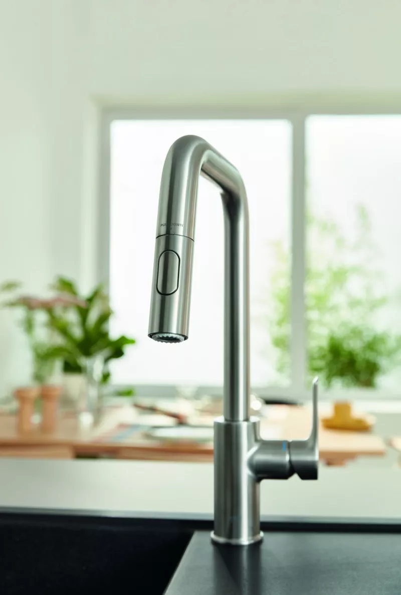 Baterie bucatarie Grohe 30619DC0, Eurosmart, inalta, tip U, dus, 2 functii, mat, otel satinat