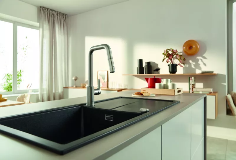 Baterie bucatarie Grohe 30619DC0, Eurosmart, inalta, tip U, dus, 2 functii, mat, otel satinat