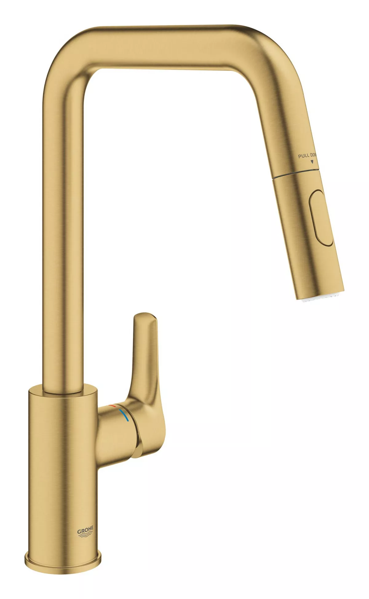 Baterie bucatarie Grohe 30619GN0, EuroSmart, inalta, tip U, dus, 2 functii, mat, auriu