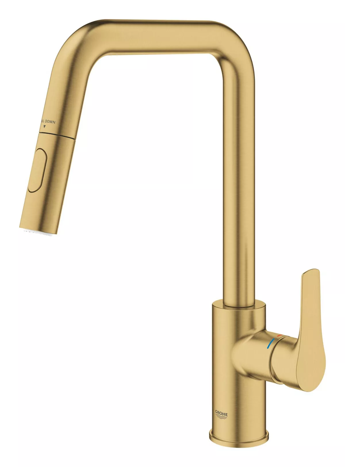 Baterie bucatarie Grohe 30619GN0, EuroSmart, inalta, tip U, dus, 2 functii, mat, auriu