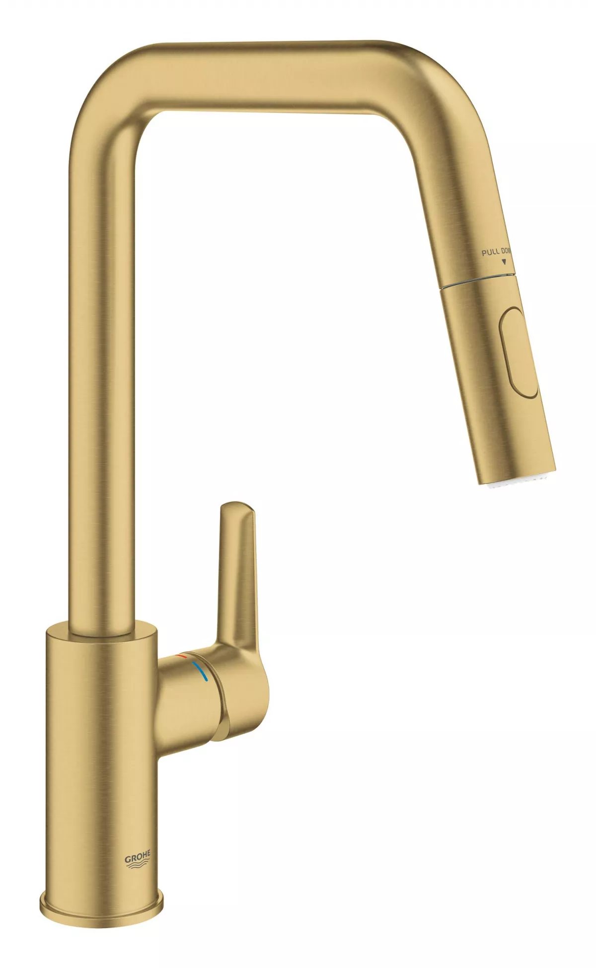 Baterie bucatarie Grohe 30631GN0, Start, inalta, tip U, dus, 2 functii, mat, auriu