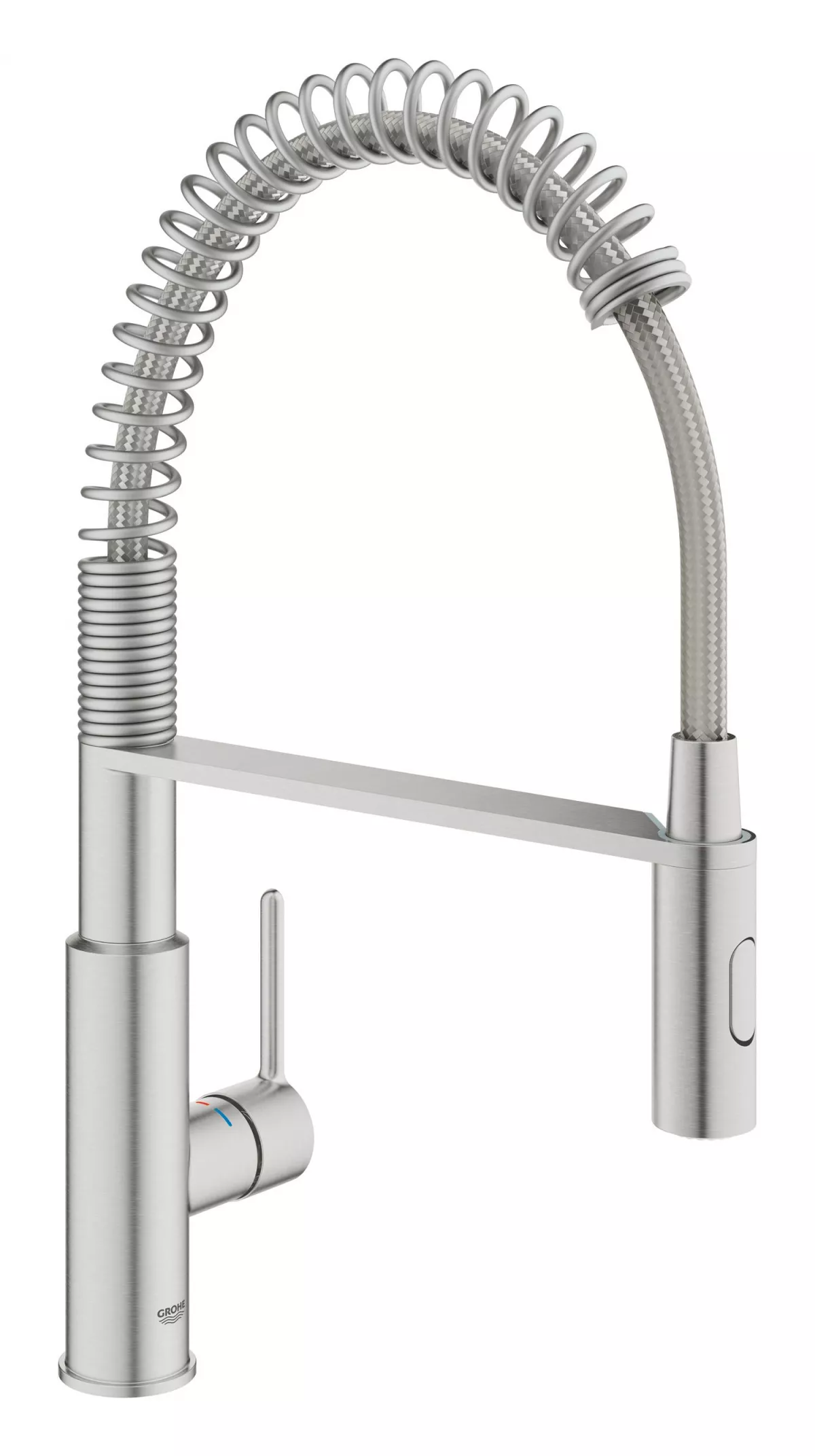 Baterie bucatarie Grohe 30614DC0, Via Cosmo, inalta, tip C, dus, 2 functii, mat, otel satinat