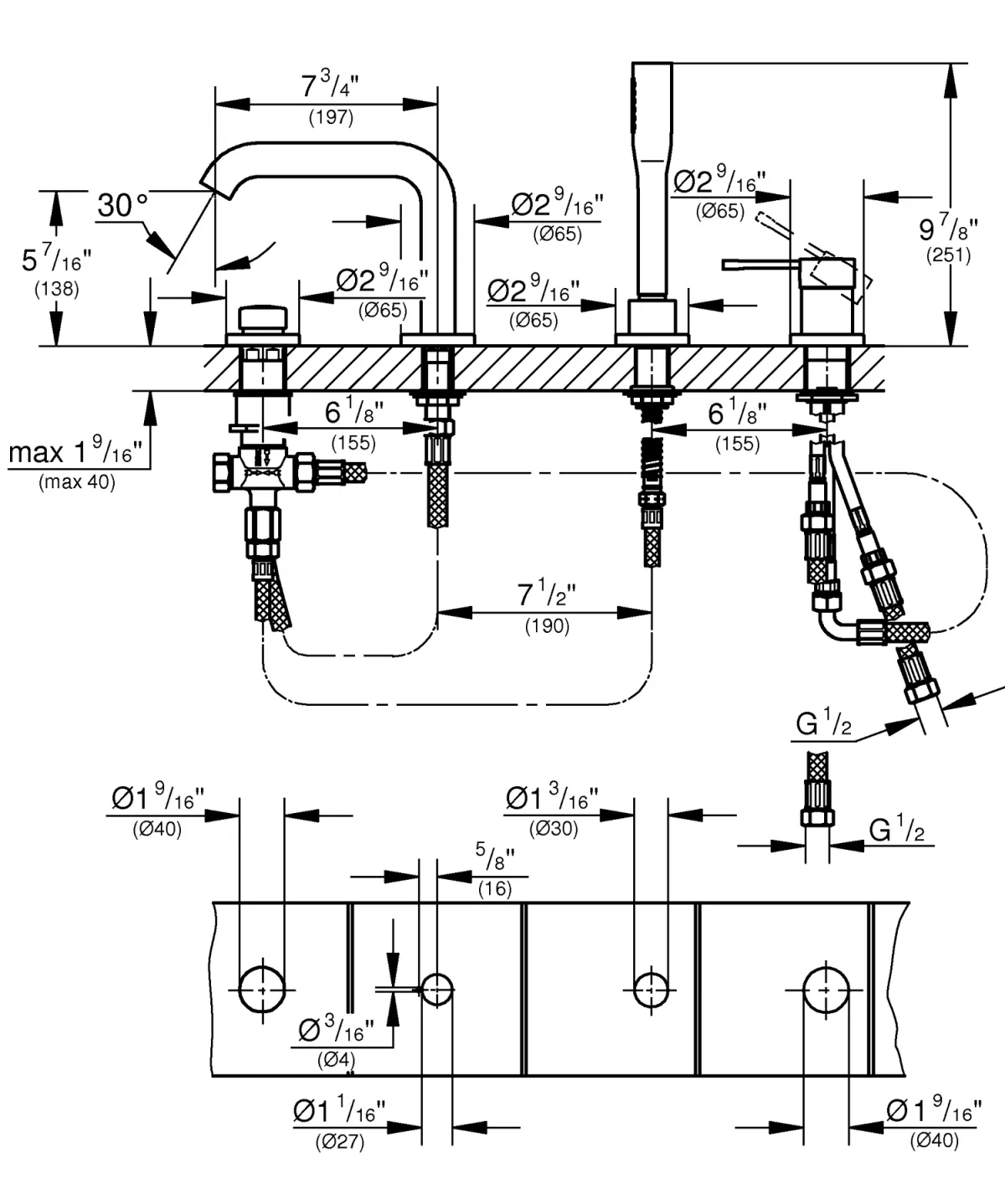 Baterie cada Grohe 19578A01, Essence, 1/2'', pe cada, set de dus, lucios, grafit