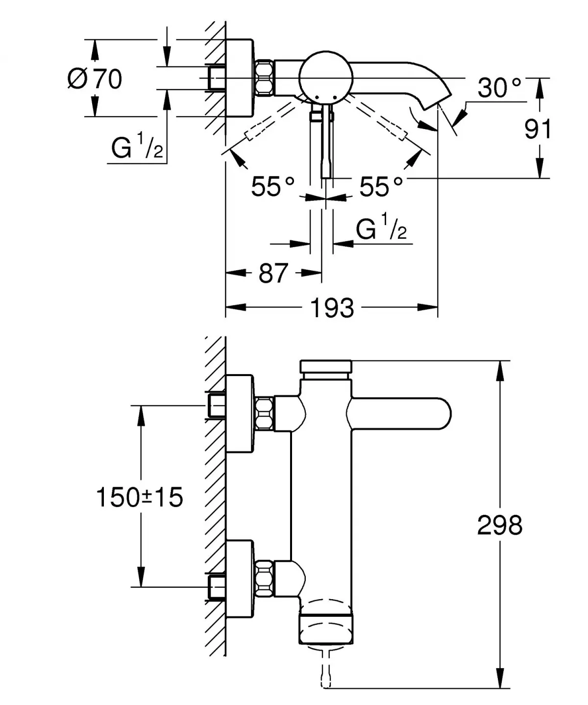 Baterie cada Grohe 33624DC1, Essence, 1/2'', aparenta, mat, otel satinat