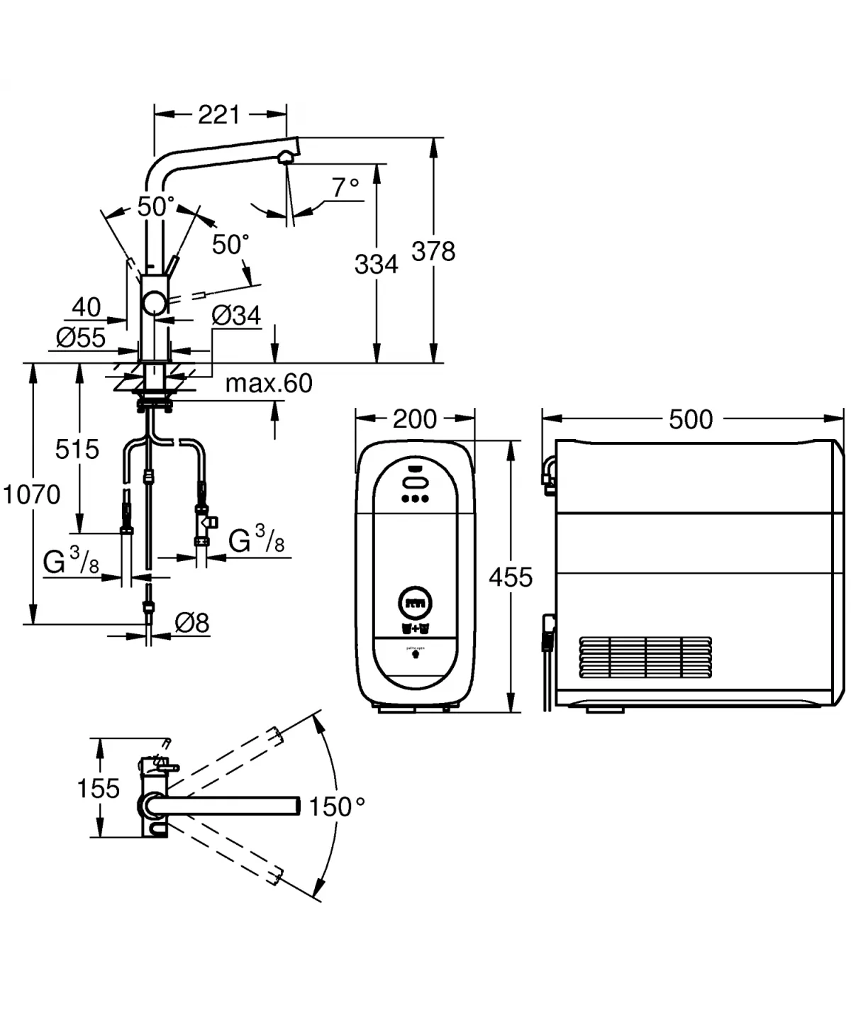 Baterie de bucatarie Grohe 31454DL1, Blue Home, 3/8'', pipa inalta, Tip L, filtrare, racire, apa carbogazoasa