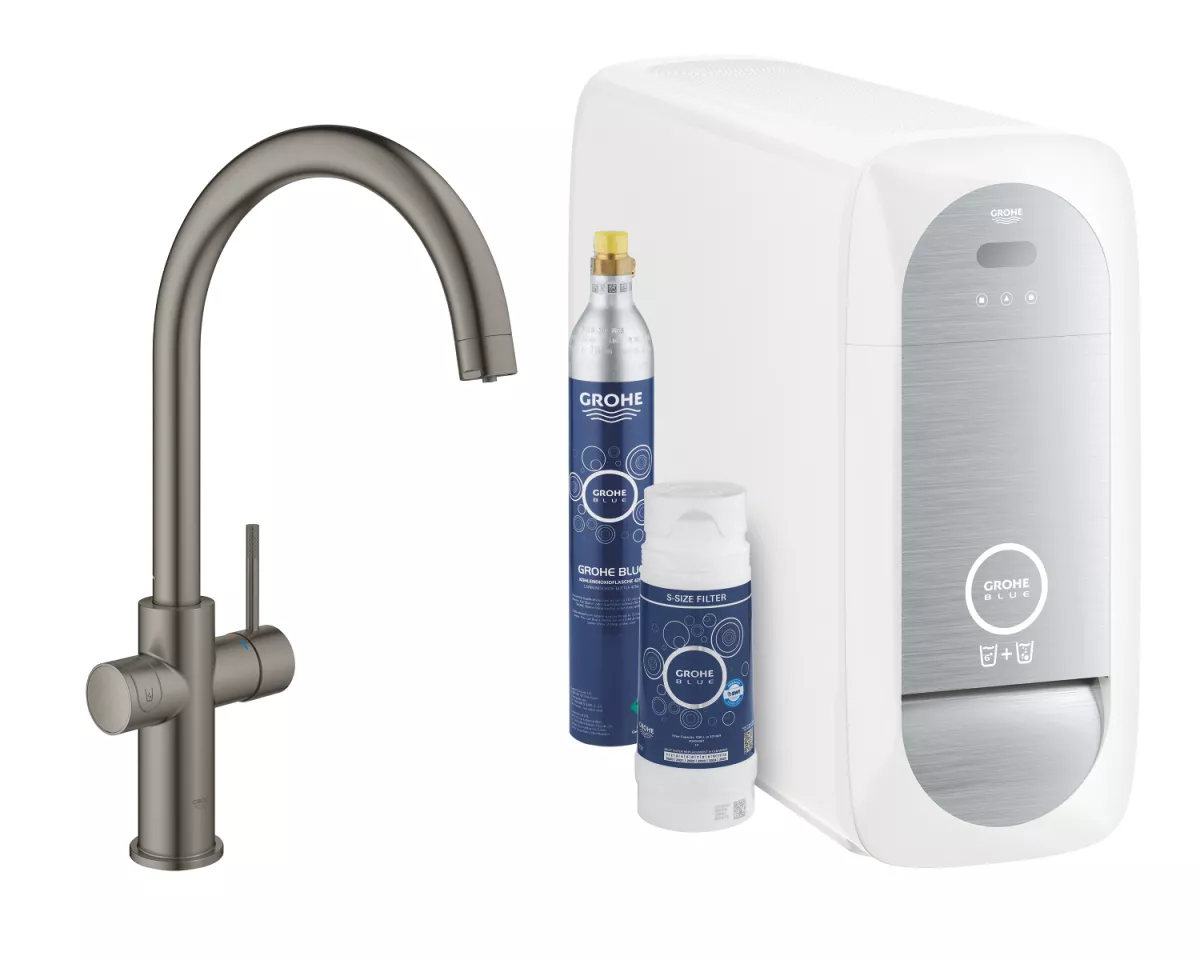 Baterie bucatarie Grohe 31455AL1, Blue Home, 3/8'', tip C, inalta, filtare, racire, apa carbogazoasa, mat, grafit