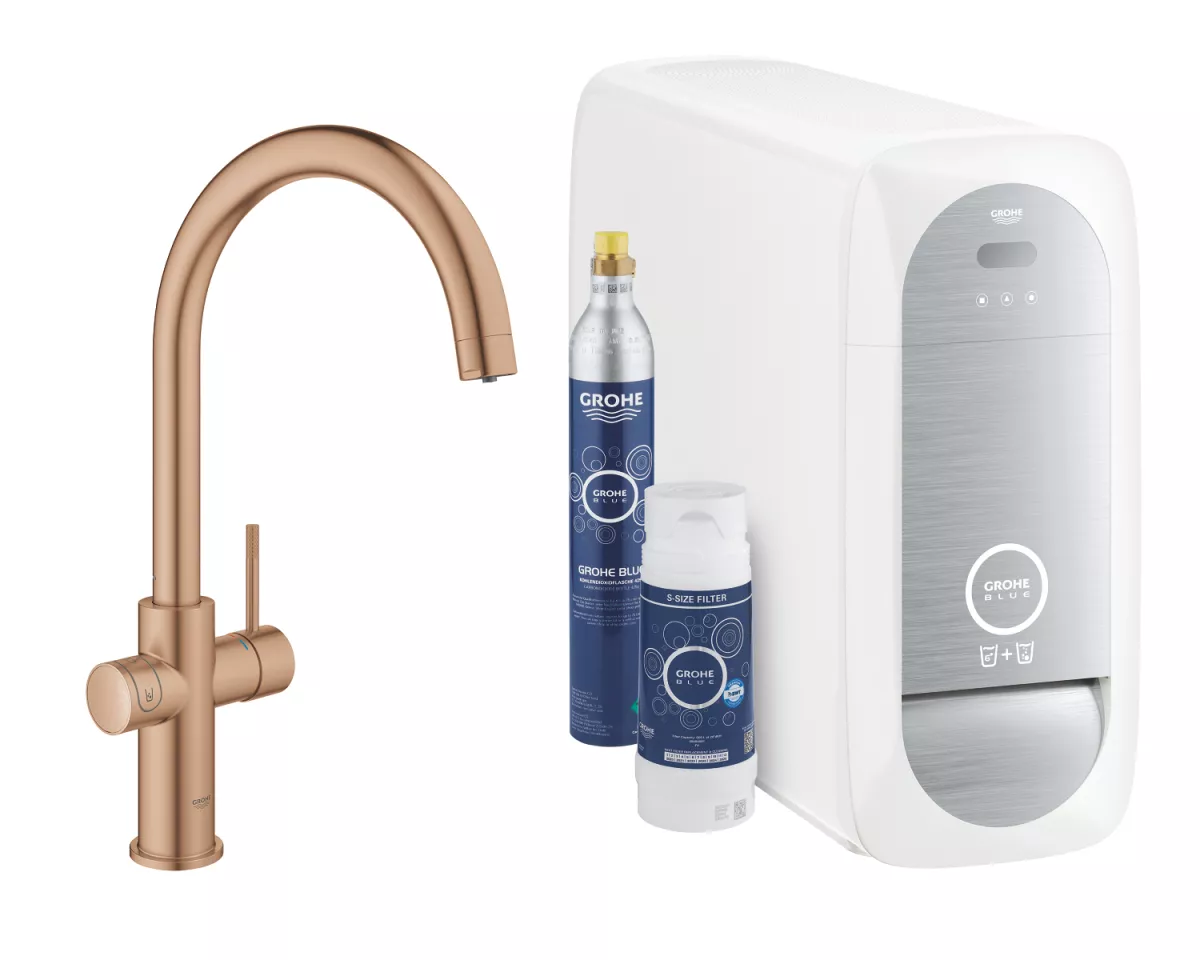 Baterie de bucatarie Grohe 31455DL1, Blue Home, 3/8'', tip C, inalta, filtare, racire, apa carbogazoasa, mat, cupru