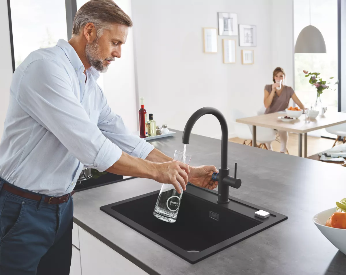 Baterie de bucatarie Grohe 31455KS1, Blue Home, 3/8'', tip C, inalta, filtrare, racire, apa carbogazoasa, Smart, mat