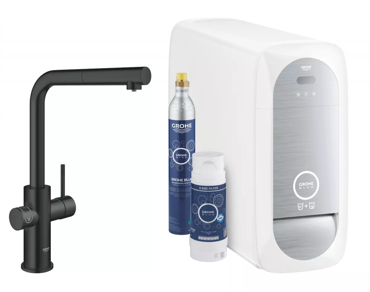Baterie de bucatarie Grohe 31539KS0, Blue Home, 3/8'', tip L, pipa inalta, filtrare, racire, apa carbogazoasa