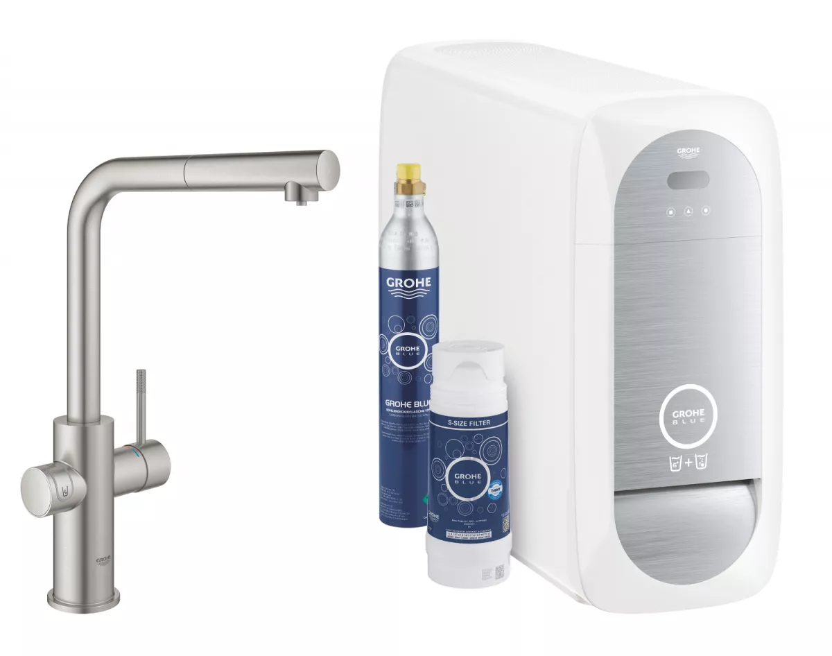 Baterie de bucatarie Grohe 31539DC0, Blue Home, inalta, tip L, filtrare, racire, apa carbogazoasa, dus, mat