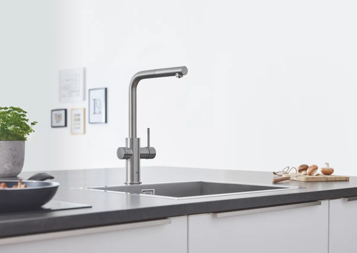 Baterie de bucatarie Grohe 31539DC0, Blue Home, inalta, tip L, filtrare, racire, apa carbogazoasa, dus, mat