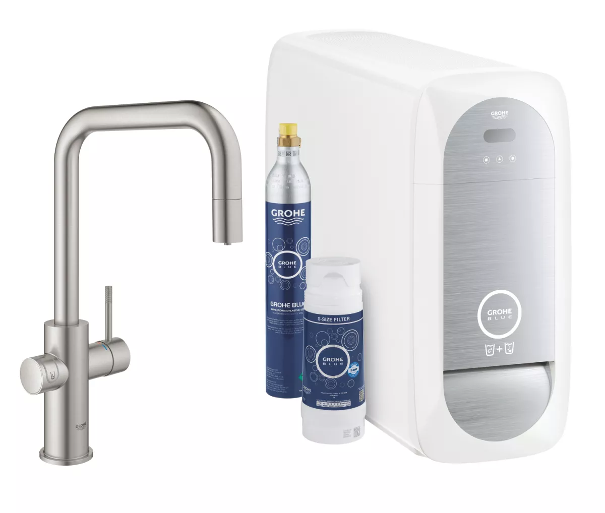 Baterie de bucatarie Grohe 31543DC0, Blue Home, inalta, tip U, filtrare, racire si apa carbogazoasa, Smart, APP
