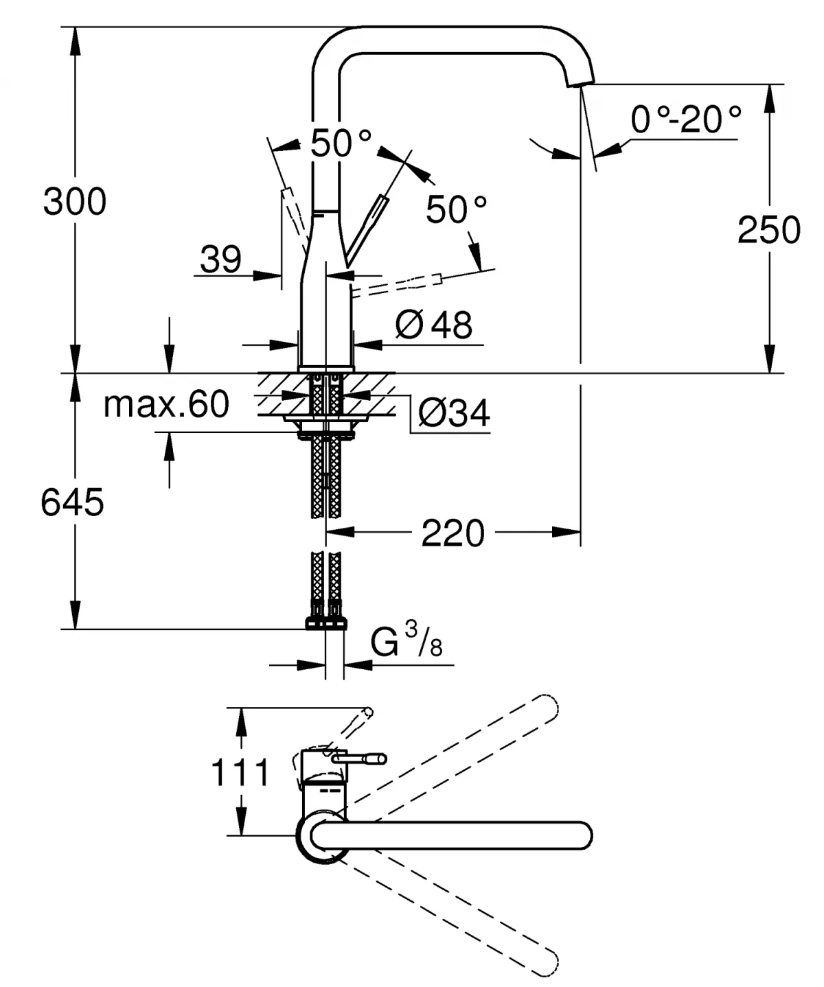 Baterie de bucatarie Grohe 30269AL0, Essence, 3/8'', inalta, tip L, mat, garfit