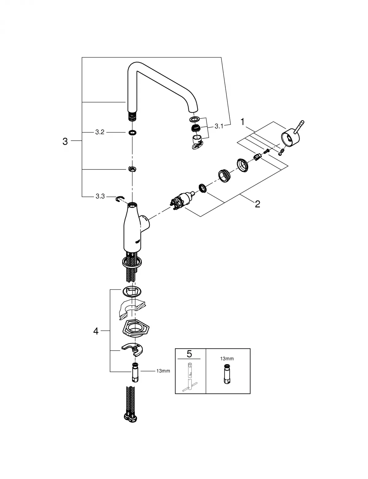 Baterie de bucatarie Grohe 30269DA0, Essence, 3/8'', pipa inalta, tip L, lucios, cupru