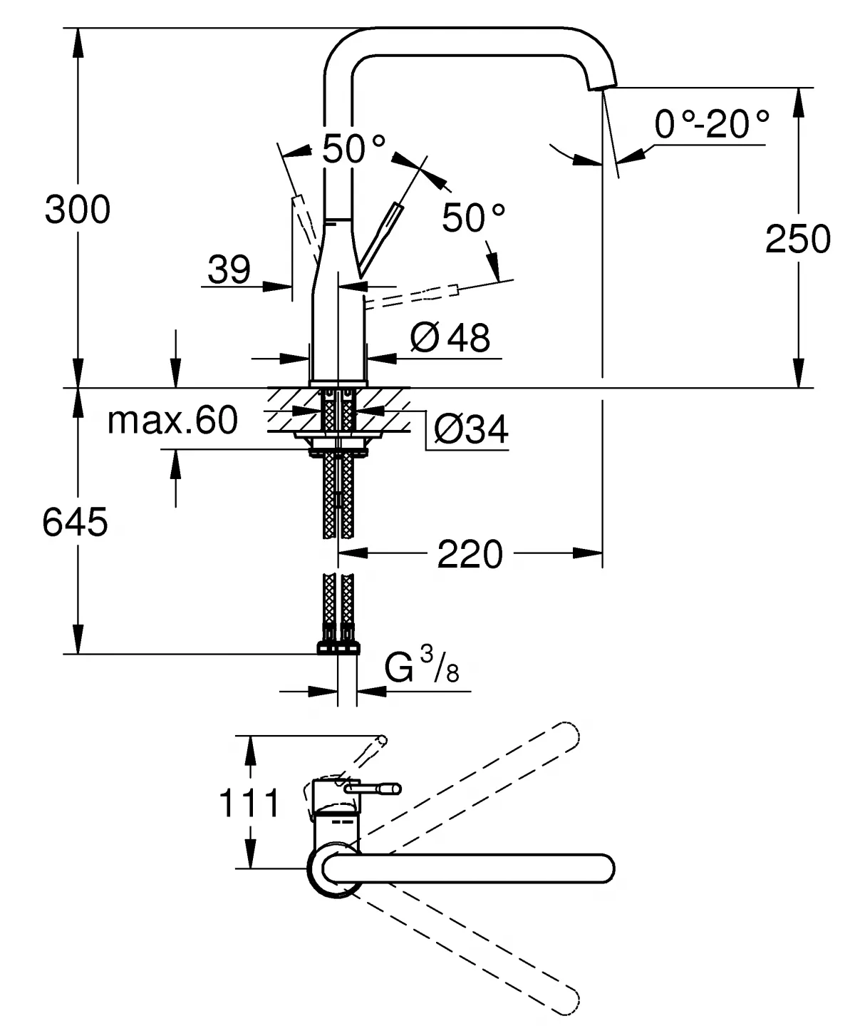 Baterie de bucatarie Grohe 30269DA0, Essence, 3/8'', pipa inalta, tip L, lucios, cupru