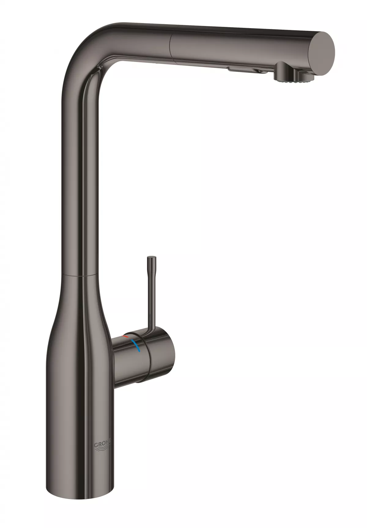 Baterie de bucatarie Grohe 30270A00, Essence, 3/8'', pipa inalta, tip L, dus extractabil, 2 functii, lucios, grafit