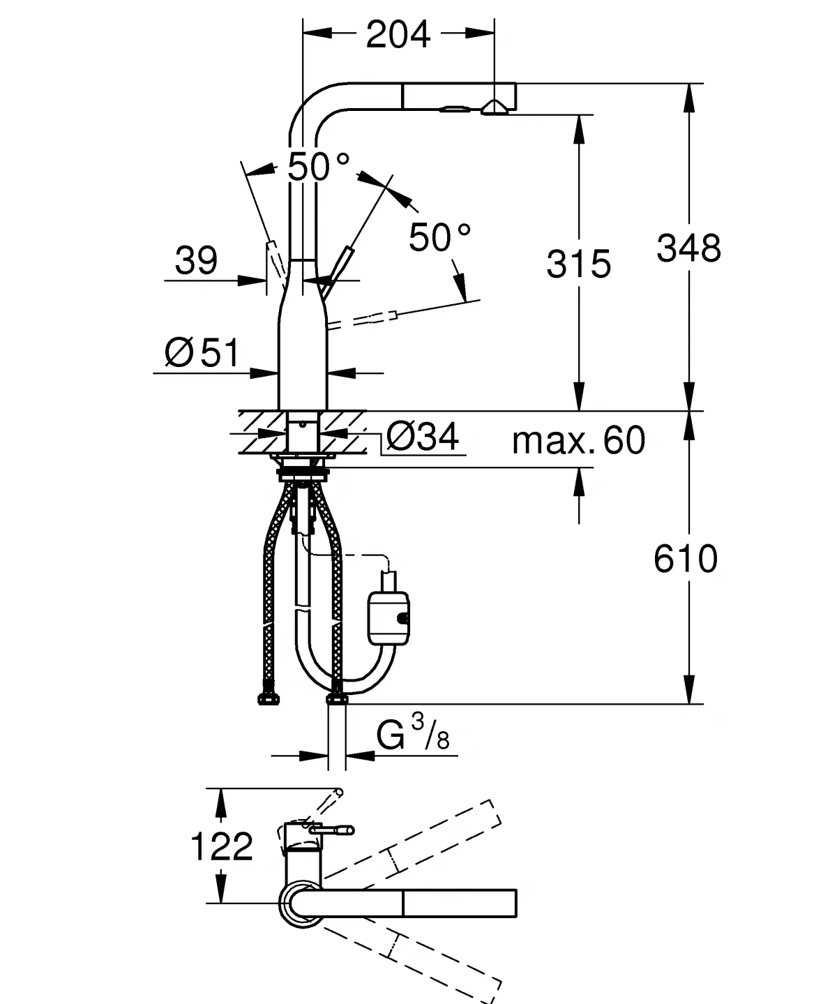 Baterie de bucatarie Grohe 30270A00, Essence, 3/8'', pipa inalta, tip L, dus extractabil, 2 functii, lucios, grafit