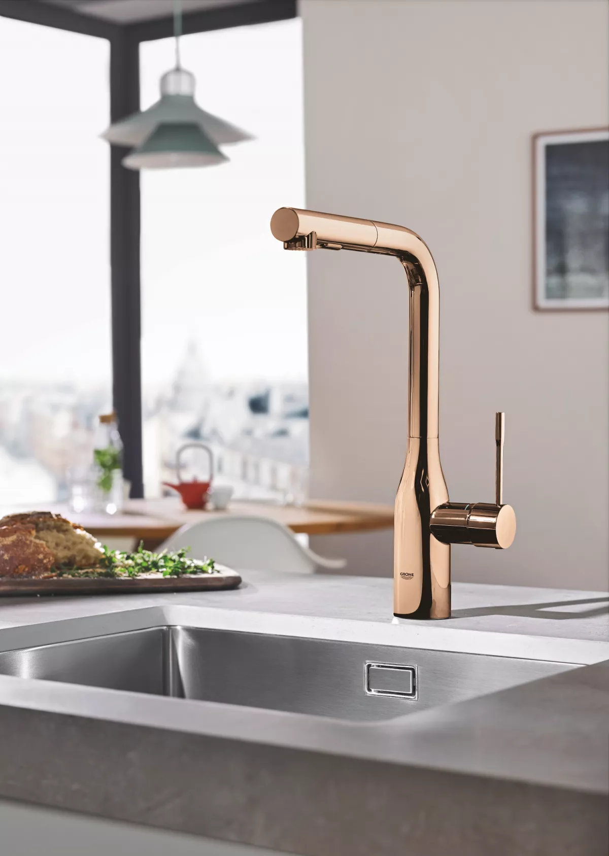 Baterie de bucatarie Grohe 30270DA0, Essence, 3/8'', pipa inalta, tip L, dus, 2 functii, lucios, cupru