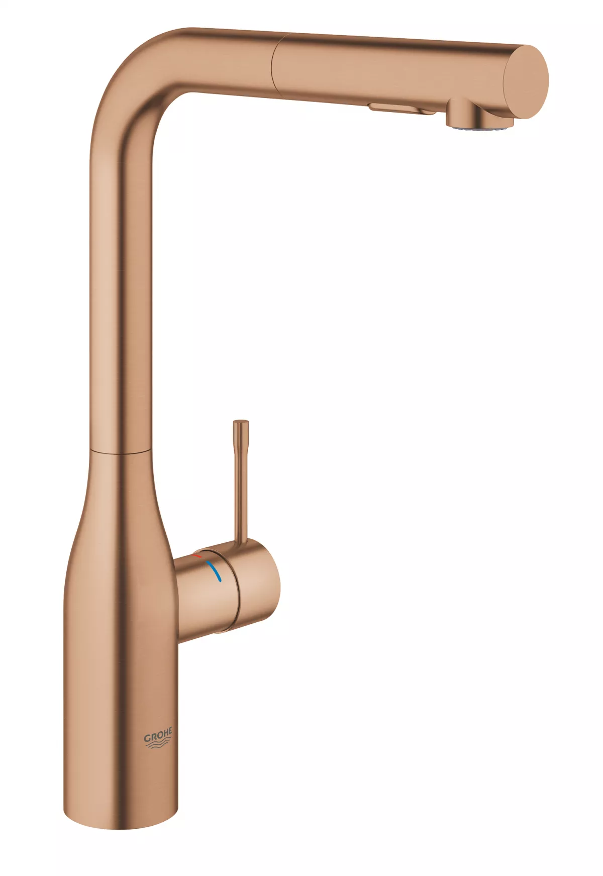 Baterie de bucatarie Grohe 30270DL0, Essence, 3/8'', pipa inalta, tip L, dus, 2 functii, mat, cupru