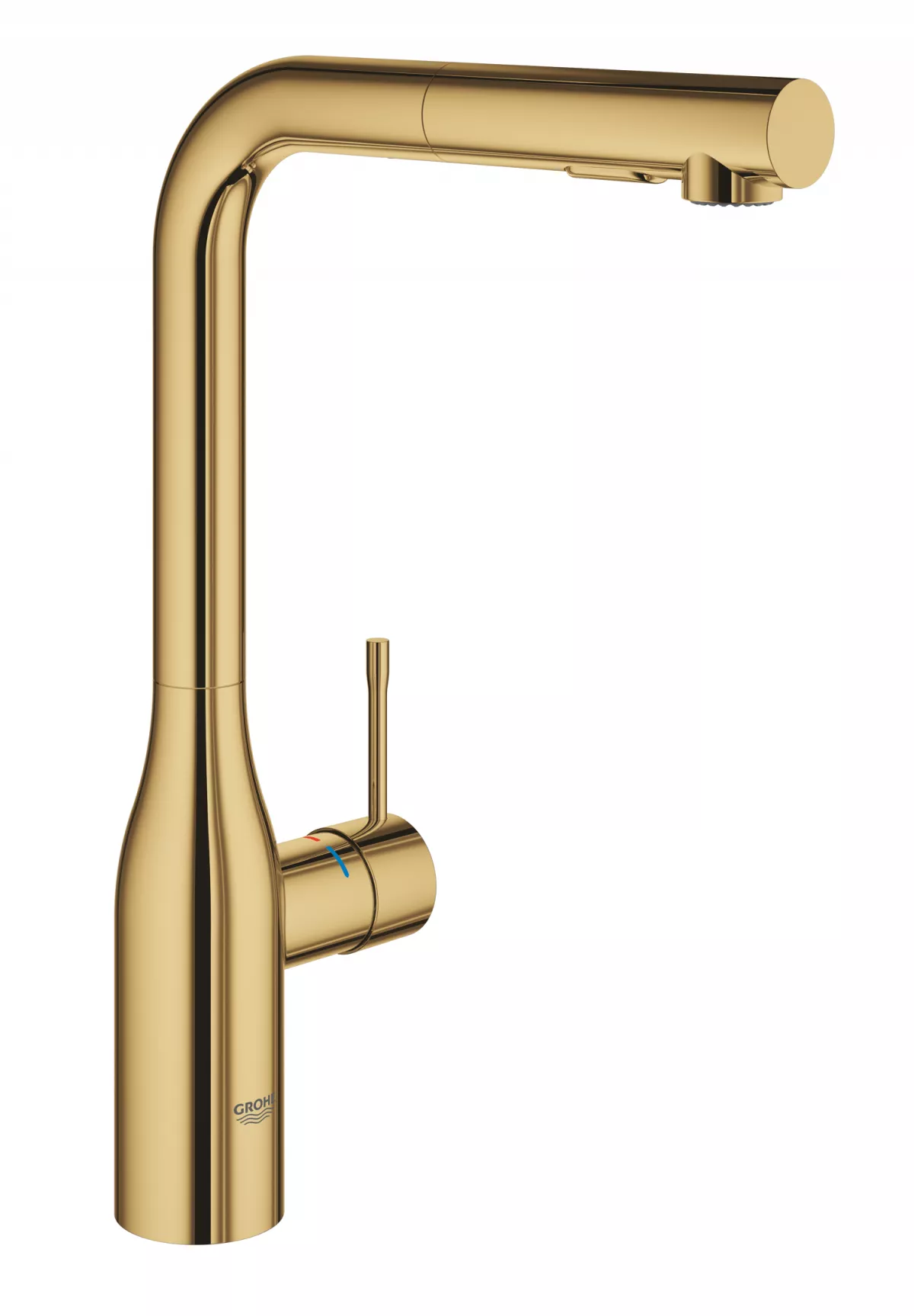 Baterie bucatarie Grohe 30270GL0, Essence, 3/8'', inalta, tip L, dus extractabil, lucios, auriu