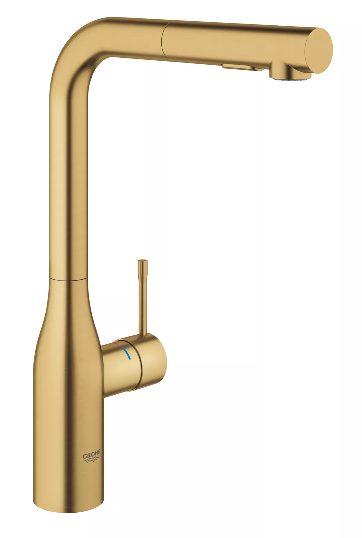 Baterie de bucatarie Grohe 30270GN0, Essence, 3/8'', monocomanda, pipa inalta dus extractabil, pivotanta, mat, auriu