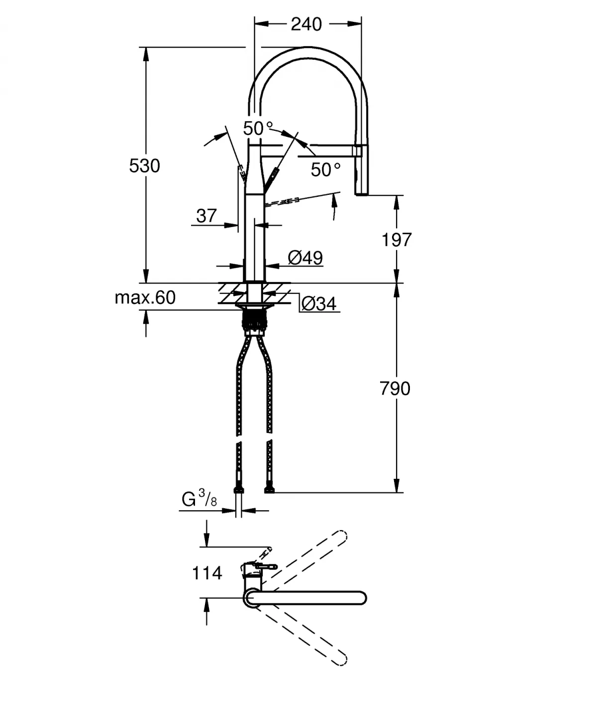 Baterie de bucatarie Grohe 30294AL0, Essence, 3/8'', dus, inalta, 2 functii, mat, grafit