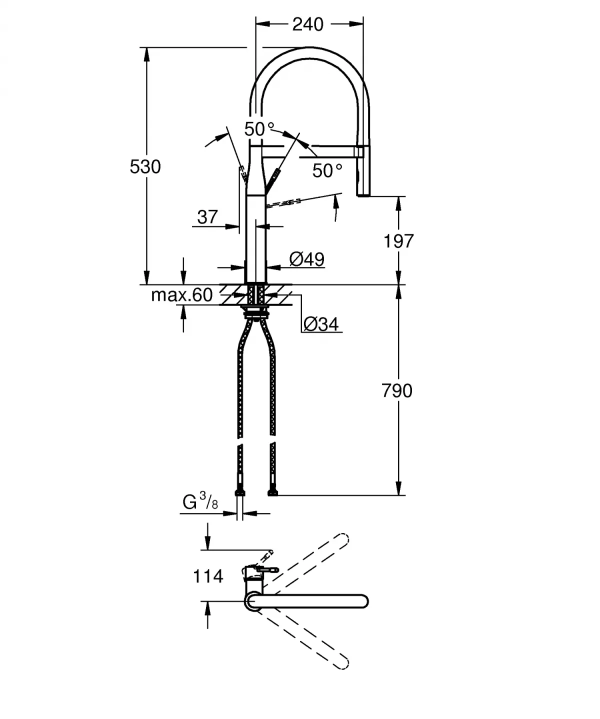 Baterie de bucatarie Grohe 30294DL0, Essence, 3/8'', Tip C, dus, pipa, mat, cupru