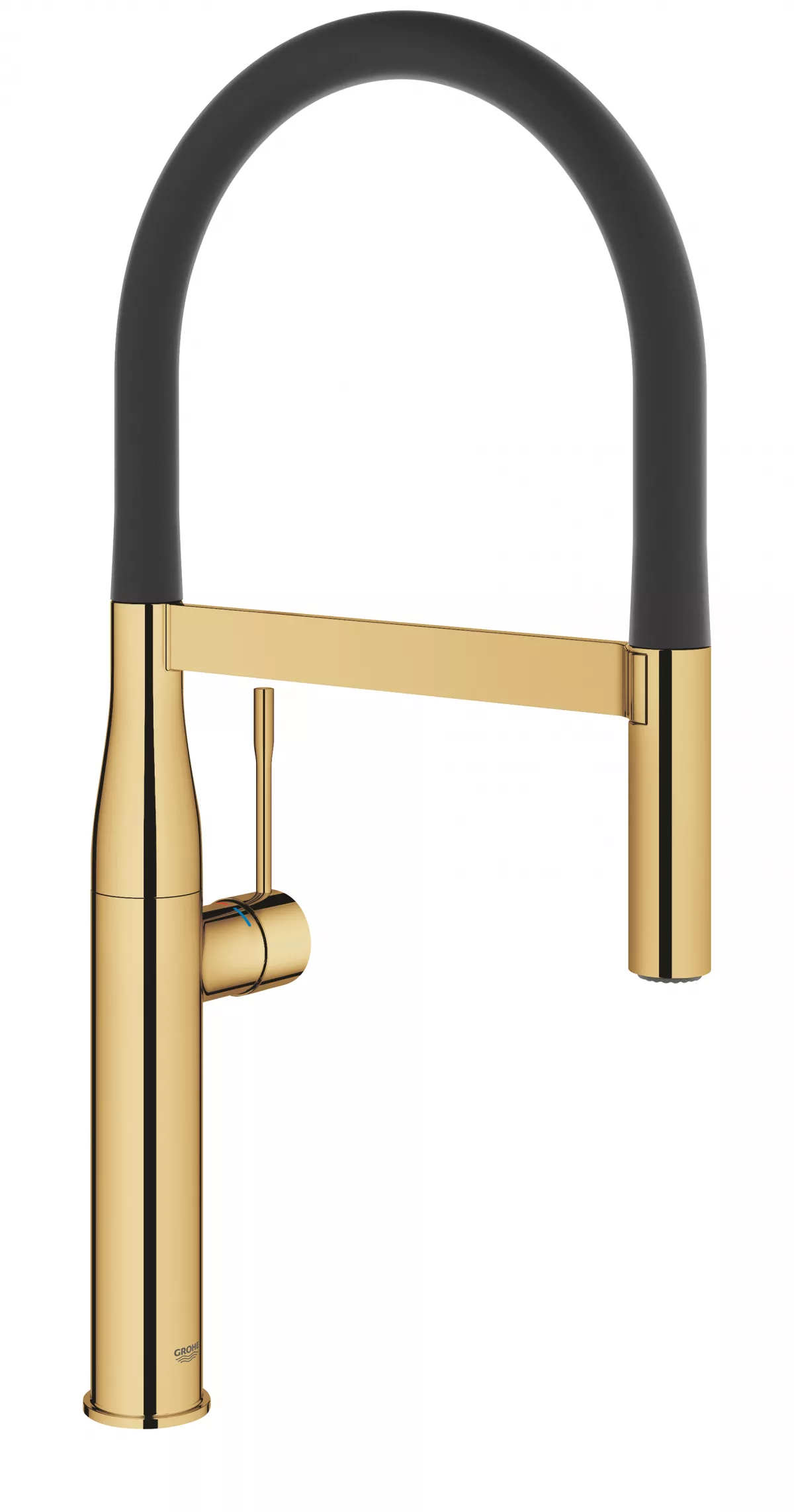 Baterie de bucatarie Grohe 30294GL0, Essence, 3/8'', inalta, tip C, dus extractabil, 2 functii, lucios, auriu