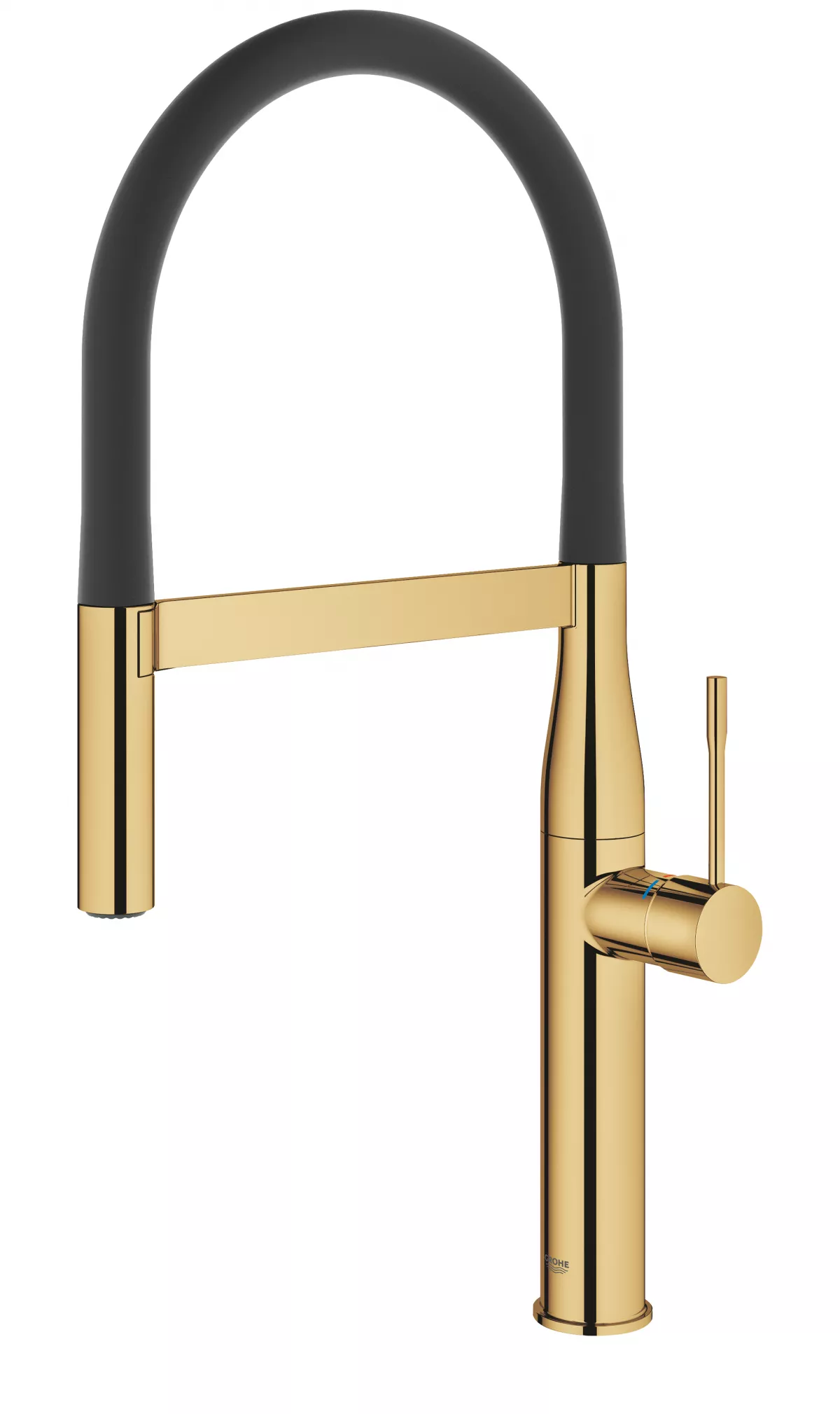 Baterie de bucatarie Grohe 30294GL0, Essence, 3/8'', inalta, tip C, dus extractabil, 2 functii, lucios, auriu