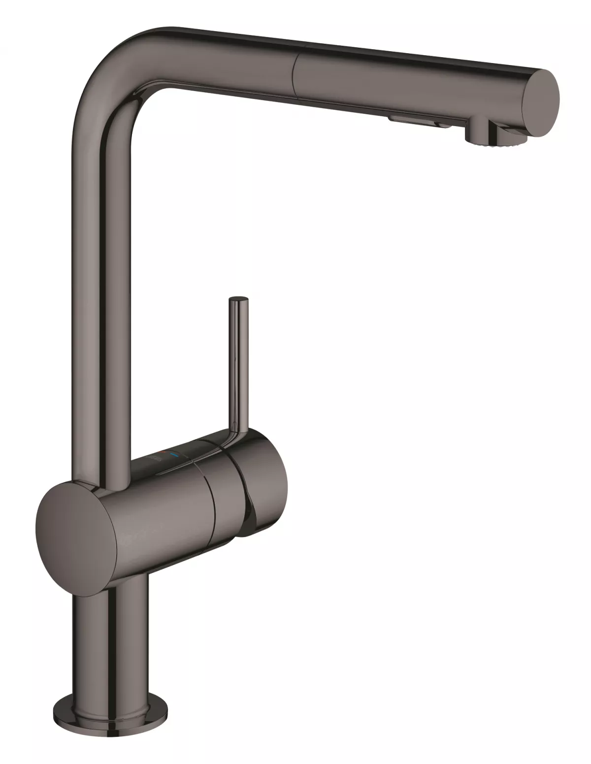 Baterie de bucatarie Grohe 30274A00, Minta, 3/8'', pipa inalta, tip L, dus extractabil, 2 functii, lucios, grafit