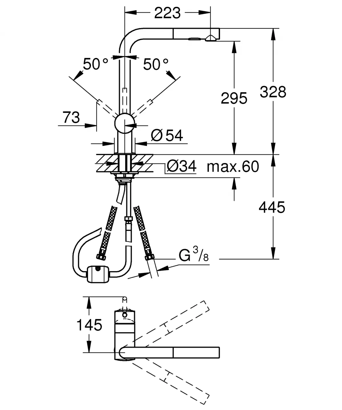 Baterie de bucatarie Grohe 30274A00, Minta, 3/8'', pipa inalta, tip L, dus extractabil, 2 functii, lucios, grafit