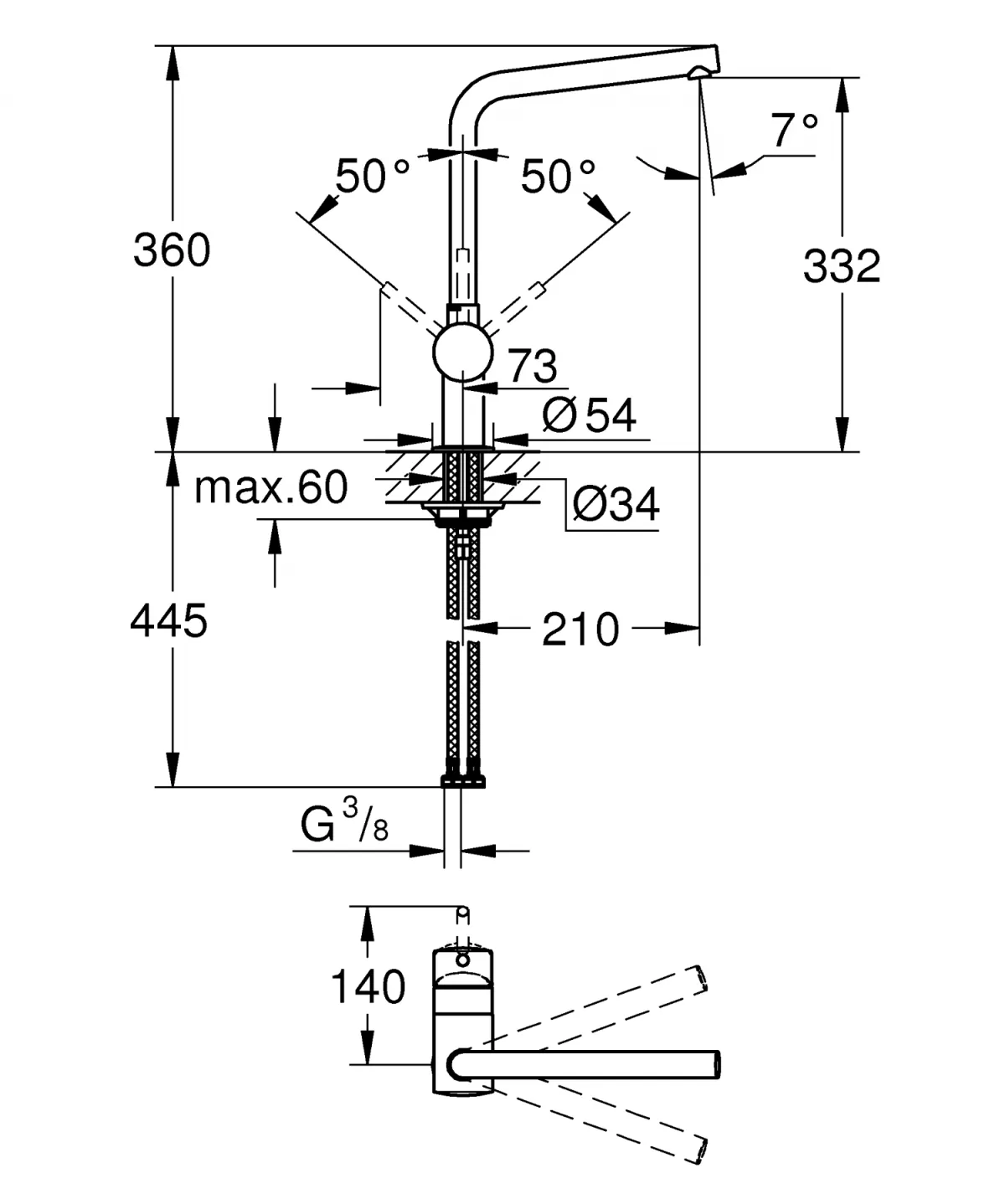 Baterie de bucatarie Grohe 31375GN0, Minta, 3/8'', pipa inalta, tip L, mat, auriu