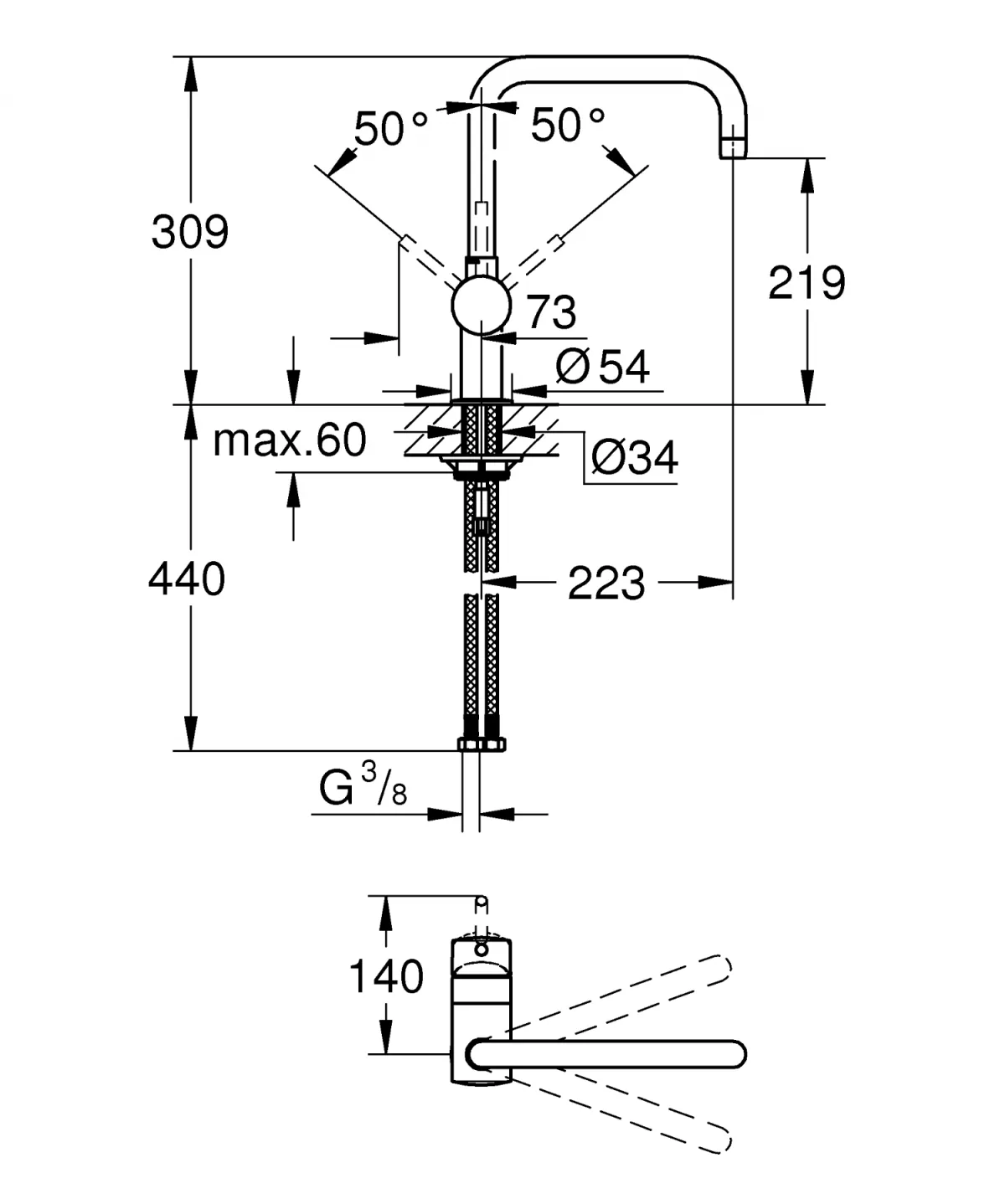 Baterie de bucatarie Grohe 32488AL0, Minta, 3/8'', inalta, tip U, pivotanta, mat, grafit
