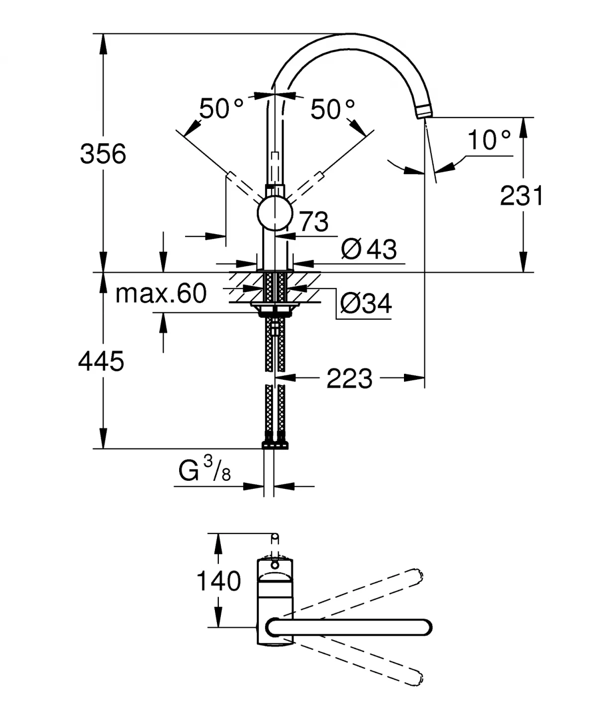 Baterie de bucatarie Grohe 32917AL0, Minta, 3/8'', pipa inalta, tip C, pivotanta, mat, grafit