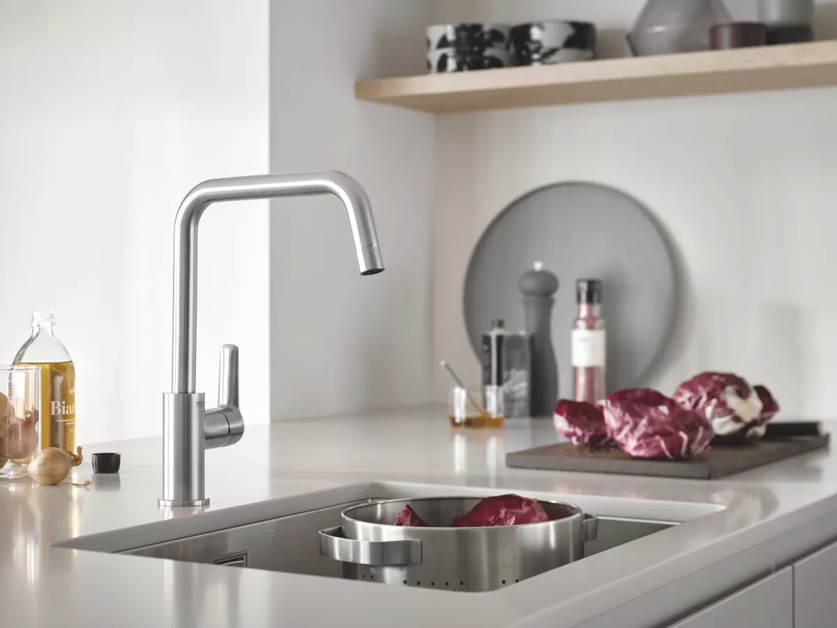 Baterie de bucatarie Grohe 30470DC0, Start, inalta, tip U, pivotanta, mat, otel satinat