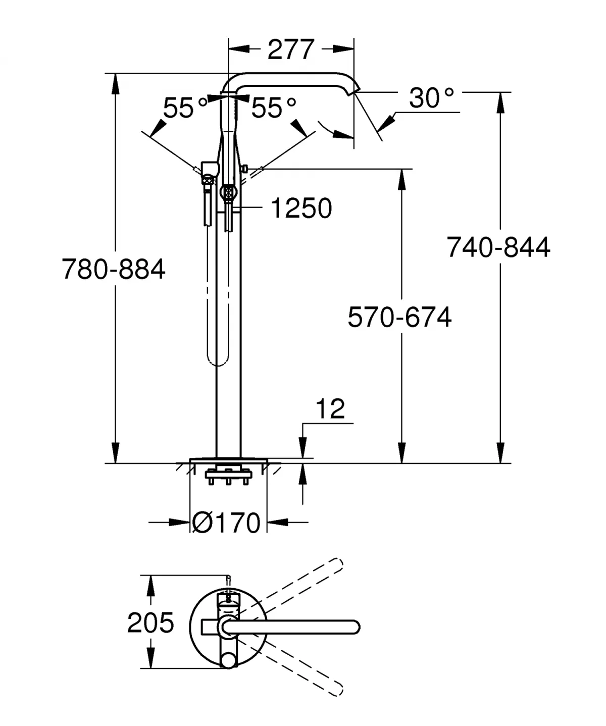 Baterie de cada Grohe 23491A01, Essence, montare pe podea, 1/2'', set de dus, pivotanta, necesita set fixare, lucios