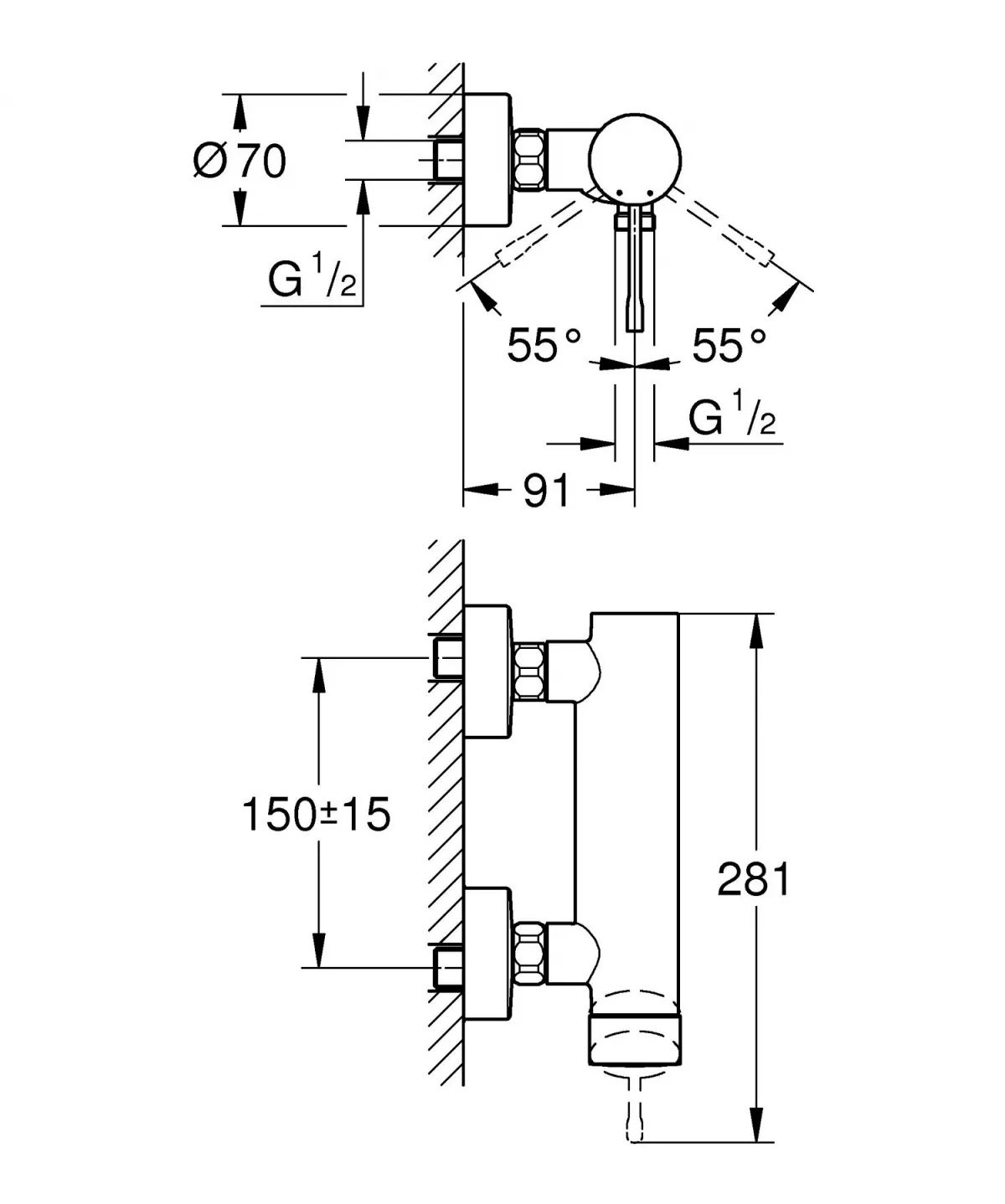 Baterie dus Grohe 25252DA1, Essence, 1/2'', aparenta, lucios, cupru