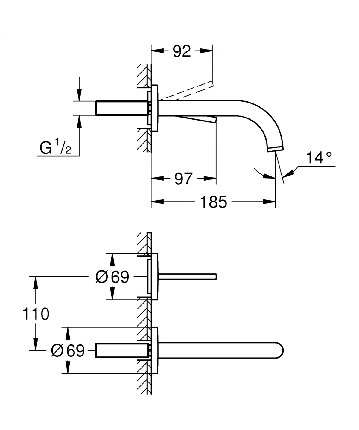 Baterie lavoar Grohe 19287GL3, Atrio, pe perete, 185 mm, necesita valva, lucios, auriu