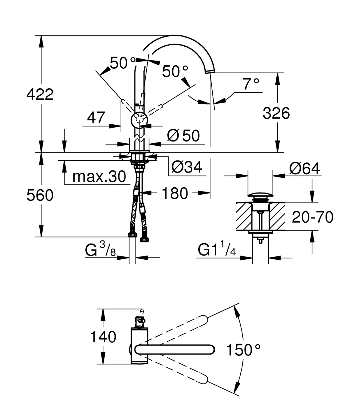 Baterie lavoar Grohe 32647AL3, Atrio, 3/8'', marimea XL, pivotanta, ventil push to open, mat, grafit