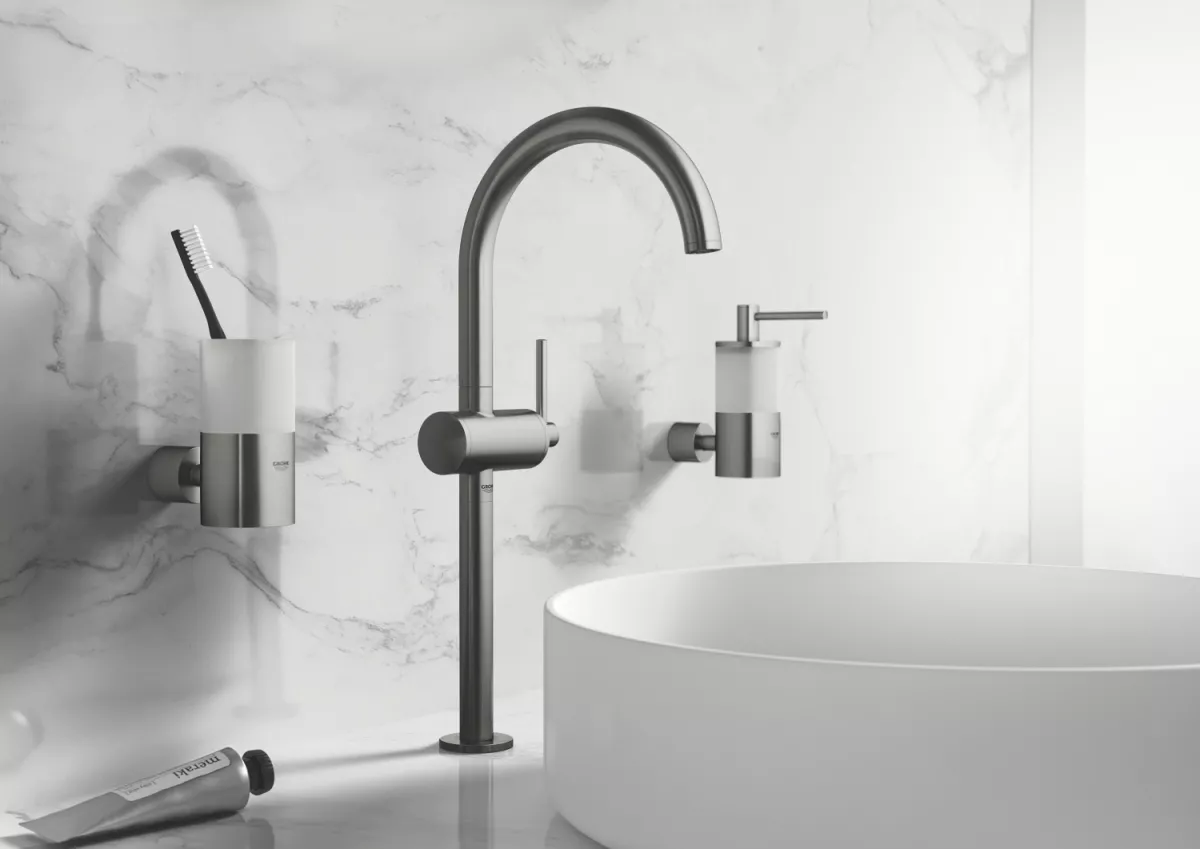 Baterie lavoar Grohe 32647AL3, Atrio, 3/8'', marimea XL, pivotanta, ventil push to open, mat, grafit
