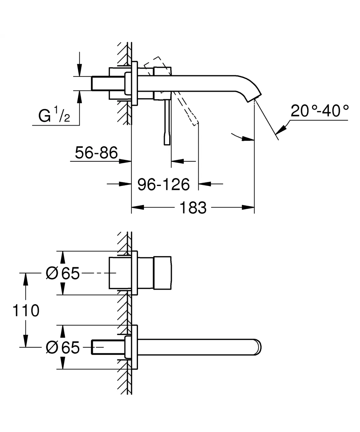 Baterie lavoar Grohe 19408DA1, Essence, 1/2'', pe perete, 180 mm, necesita valva, lucios, cupru