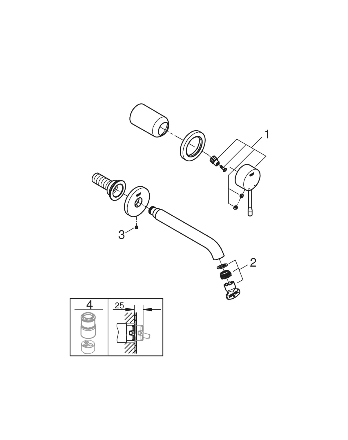 Baterie lavoar Grohe 19408DA1, Essence, 1/2'', pe perete, 180 mm, necesita valva, lucios, cupru