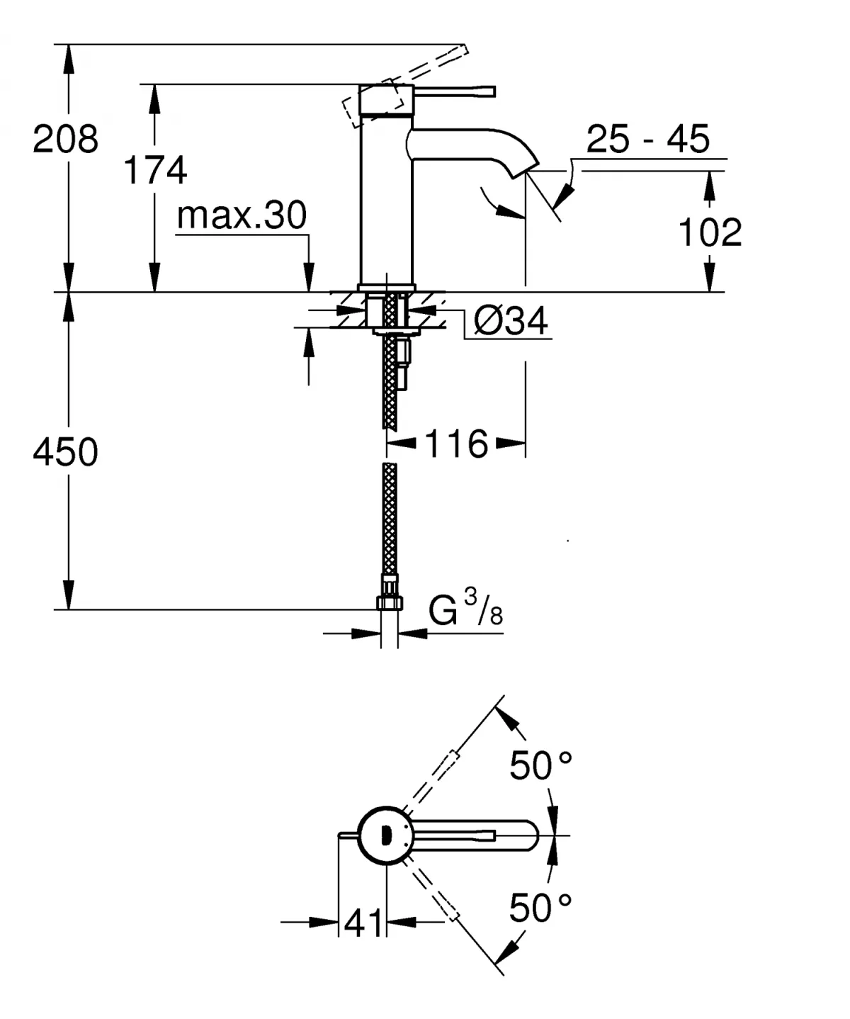 Baterie lavoar Grohe 23590DC1, Essence, 3/8'', M, 174 mm, mat, otel satinat