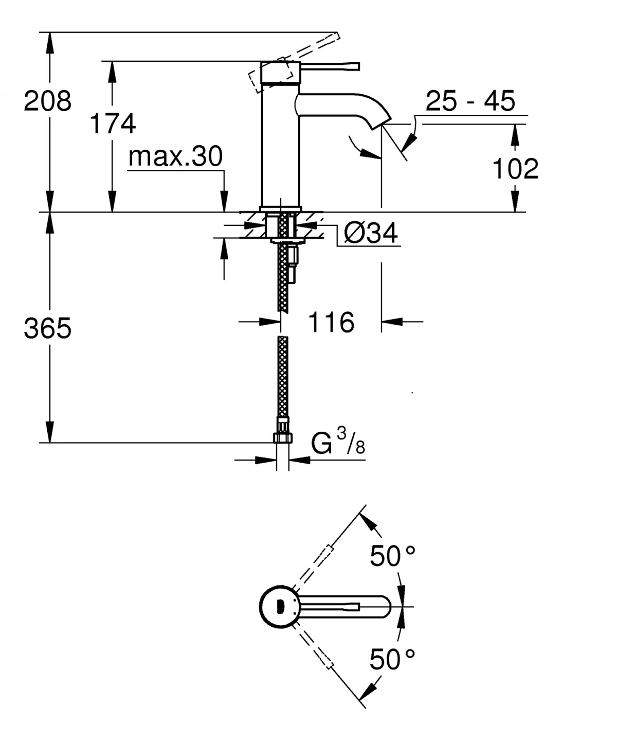 Baterie lavoar Grohe 23590DL1, Essence, 3/8'', M, 174 mm, mat, cupru