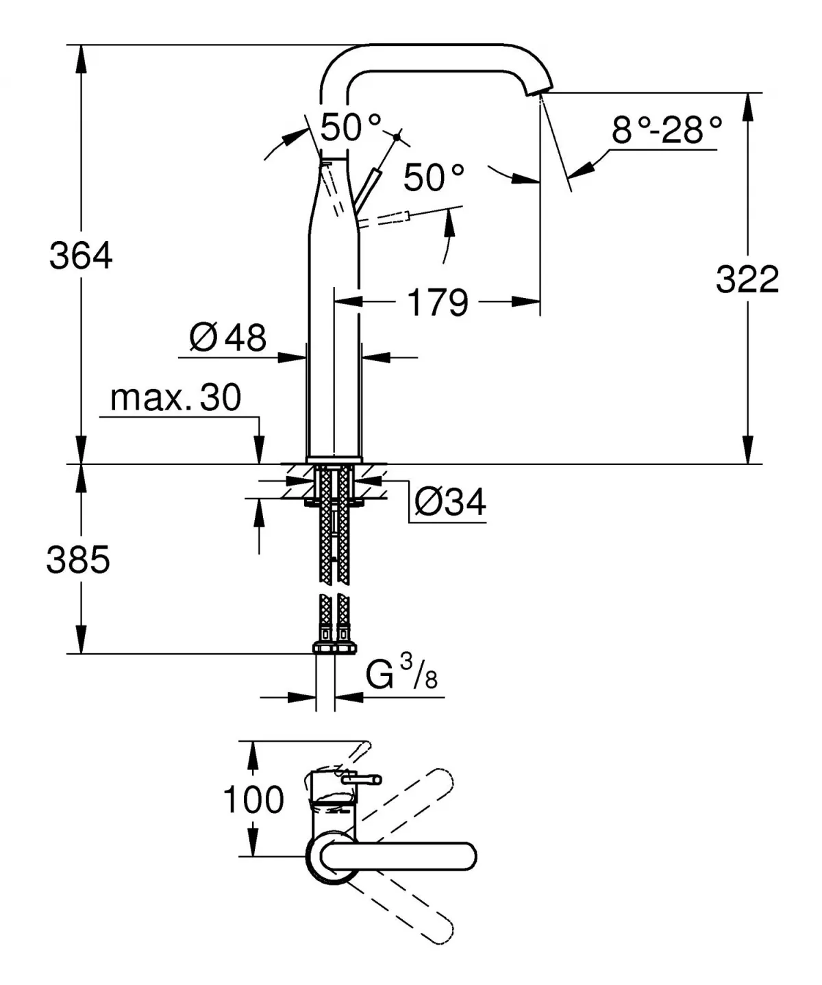 Baterie lavoar Grohe 24170DL1, Essence, 3/8'', XL, 364 mm, mat, cupru