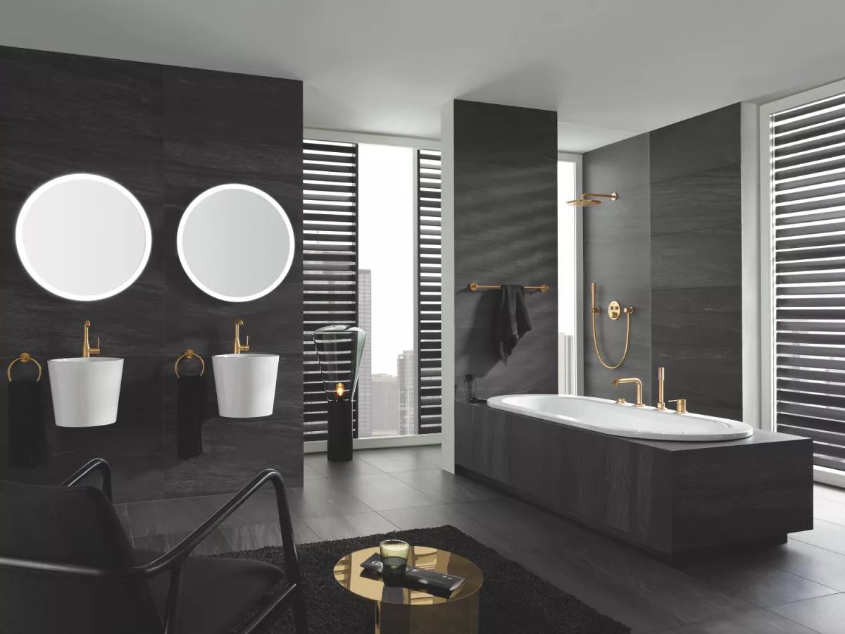 Baterie lavoar Grohe 24174GN1, Essence, 3/8'', L, 244 mm, ventil, mat, auriu