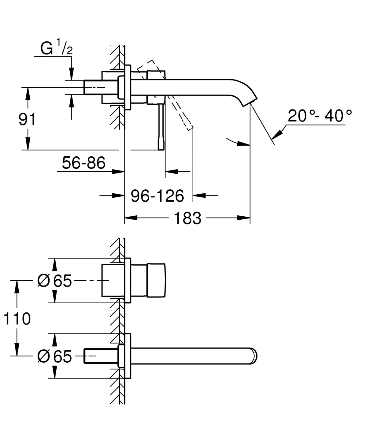 Baterie lavoar Grohe 29192A01, Essence, 1/2'', pe perete, L 183 mm, necesita valva, lucios, grafit