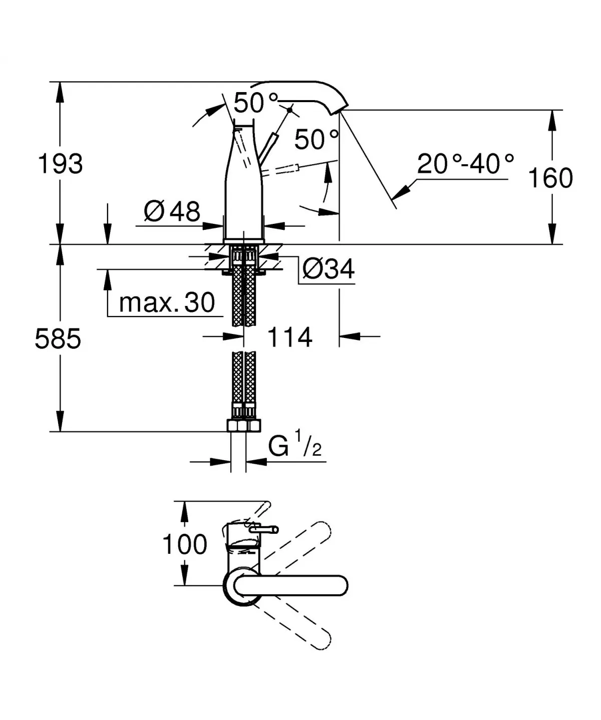 Baterie lavoar Grohe 23488A01, Essence, M, 193 mm, pivotanta, lucios, grafit